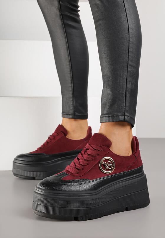 Bordowe Sneakersy Vices na Platformie Zdobione Okrągłą Aplikacją Wodvire 2