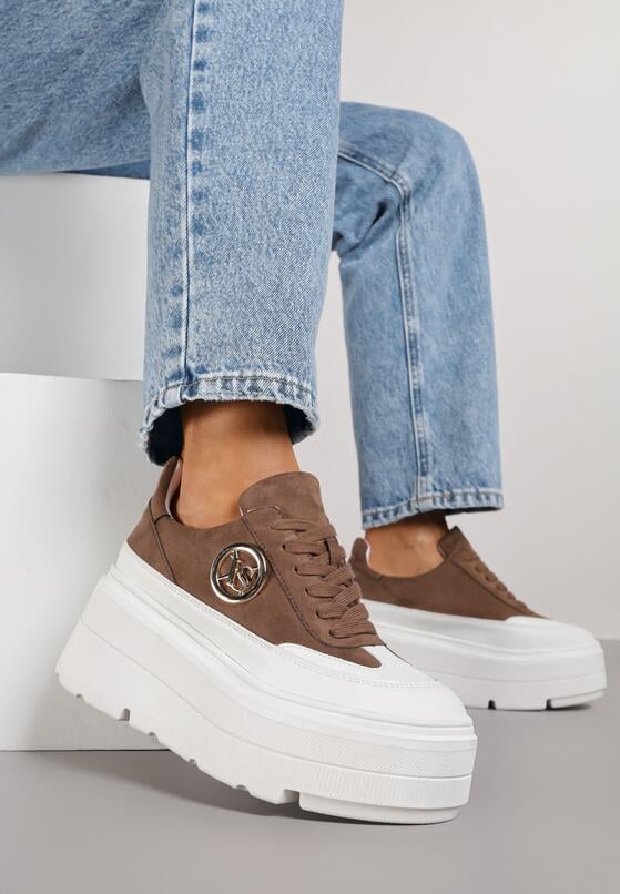 Brązowo-Białe Sneakersy Vices na Platformie Zdobione Okrągłą Aplikacją Wodvire 2
