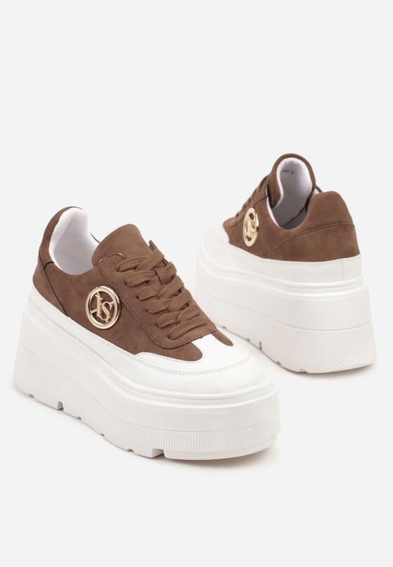 Brązowo-Białe Sneakersy Vices na Platformie Zdobione Okrągłą Aplikacją Wodvire 6