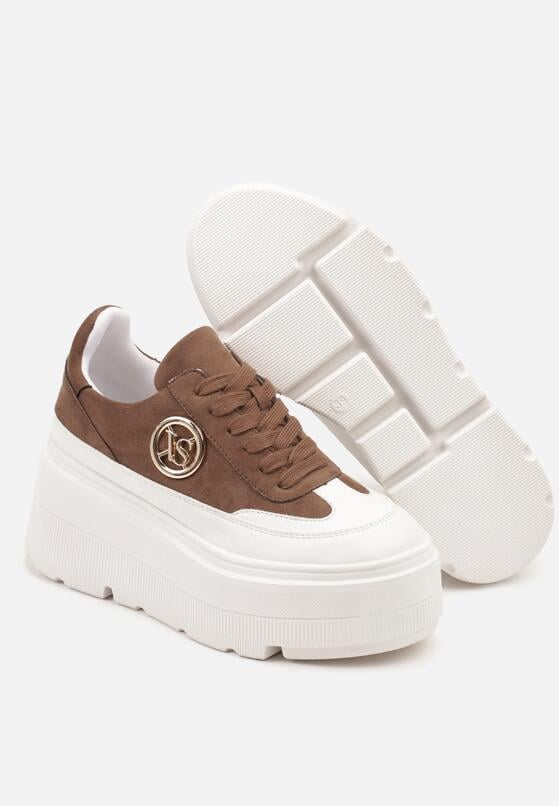 Brązowo-Białe Sneakersy Vices na Platformie Zdobione Okrągłą Aplikacją Wodvire 7