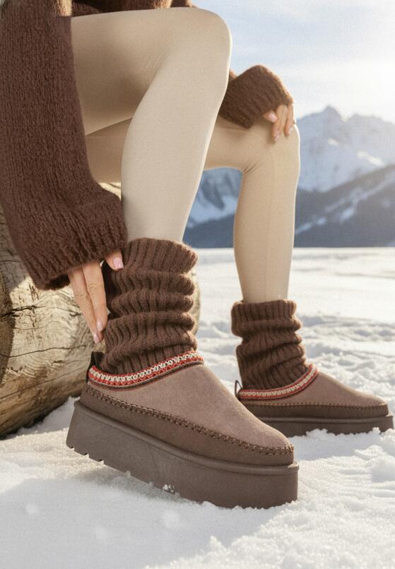 Ciemnobrązowe Śniegowce Ocieplone na Platformie z Ozdobnym Wyszywaniem Reitenna 1