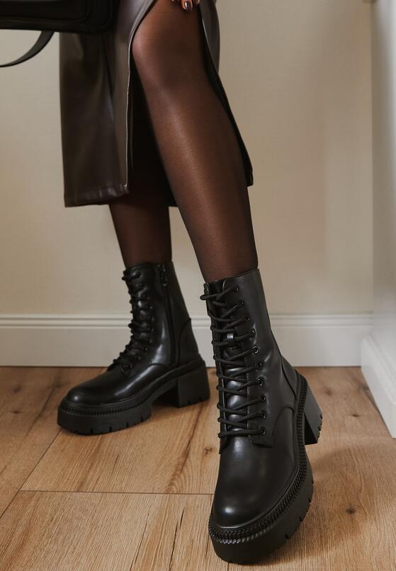 Czarne Botki Typu Workery Vices Platformie z Tłoczeniem i Ozdobą Violowa 2