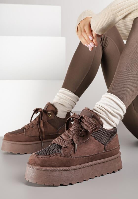 Brązowe Sznurowane Sneakersy Śniegowce Sneakersy na Grubej Podeszwie Vamitte 2