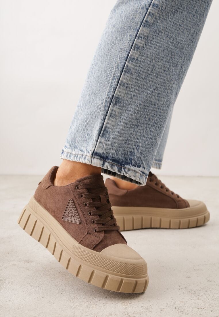 Jasnobrązowe Sneakersy Vices na Grubej Podeszwie z Geometryczną Aplikacją Leanae 1