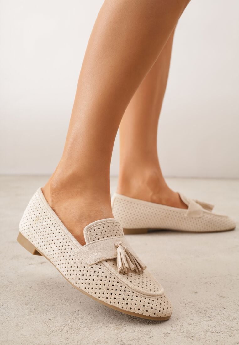 Beżowe Ażurowe Mokasyny VICES Ozdobione Frędzlami Catiana 2