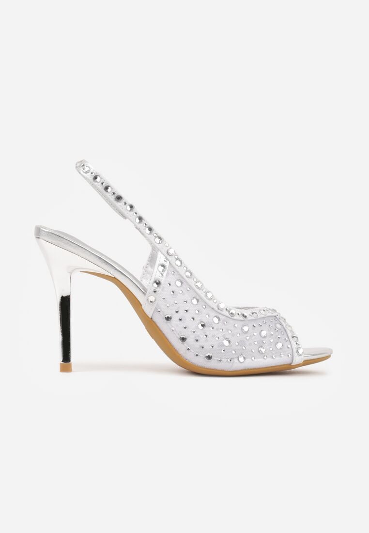 Srebrne Sandały na Szpilce VICES z Transparentną Cholewką i Cyrkoniami Imelle 4