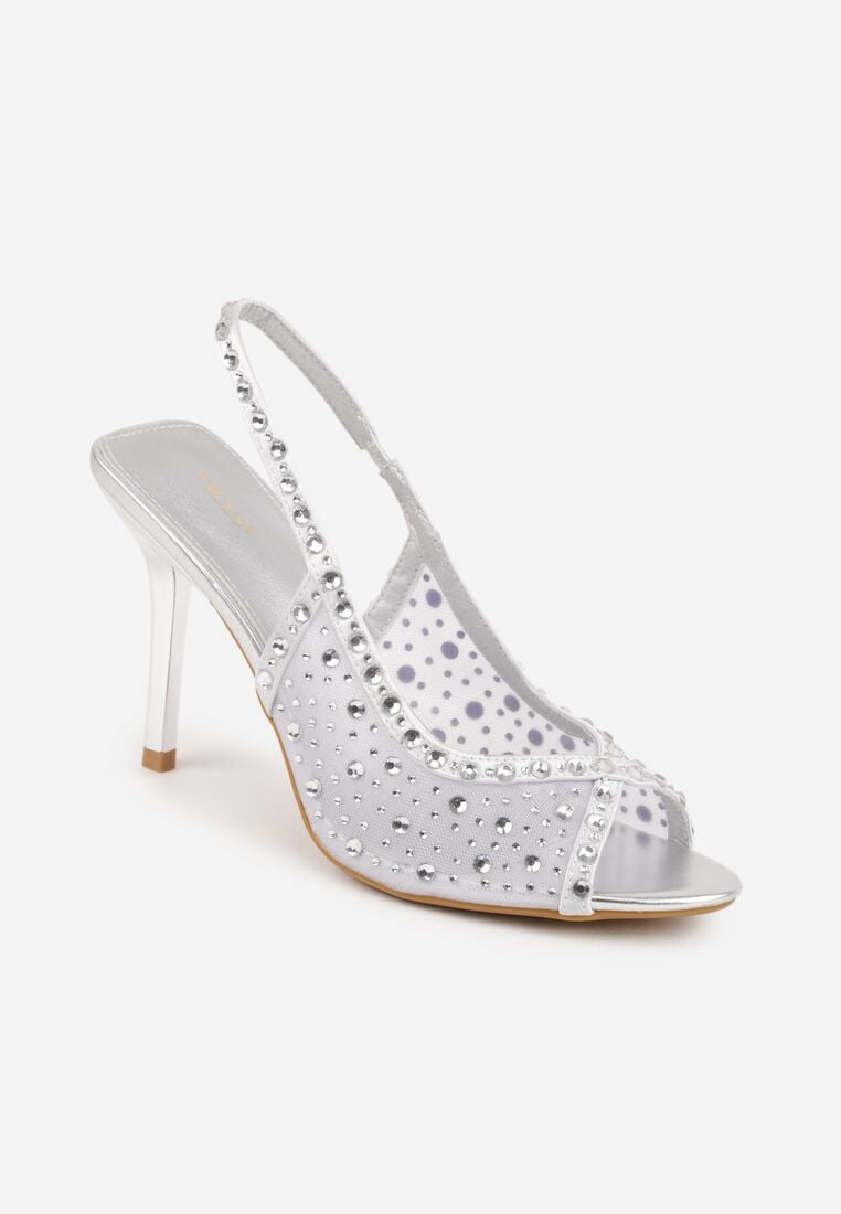 Srebrne Sandały na Szpilce VICES z Transparentną Cholewką i Cyrkoniami Imelle 5