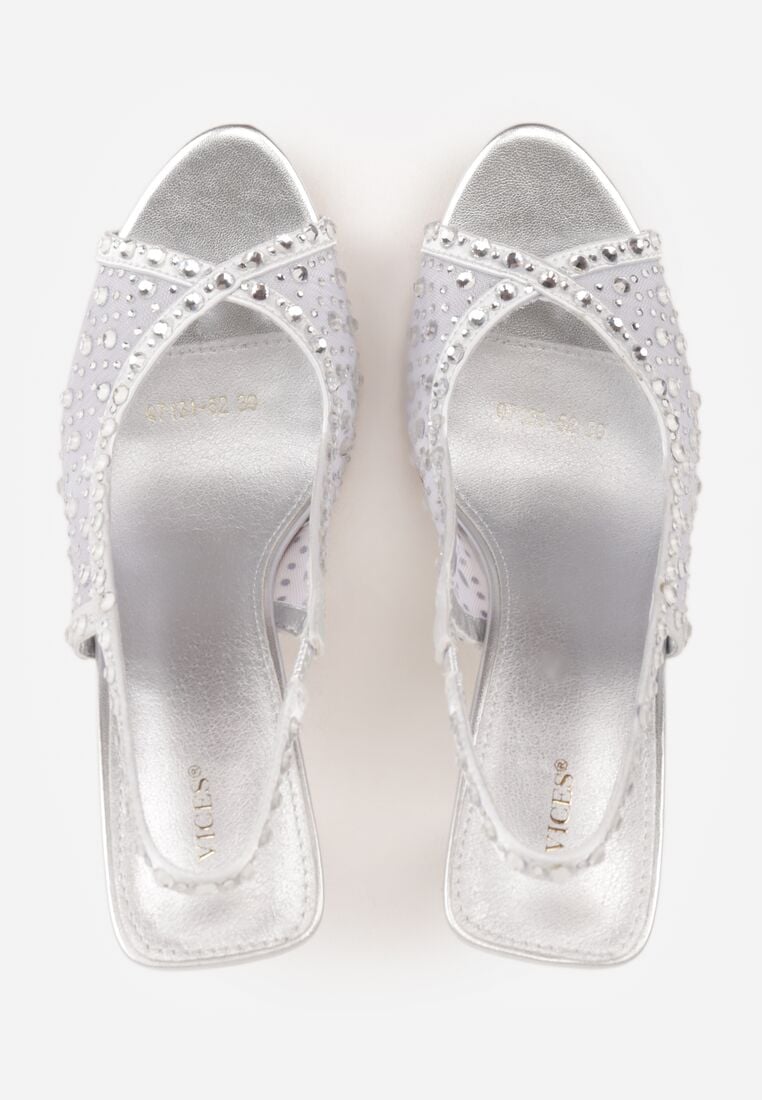 Srebrne Sandały na Szpilce VICES z Transparentną Cholewką i Cyrkoniami Imelle 6