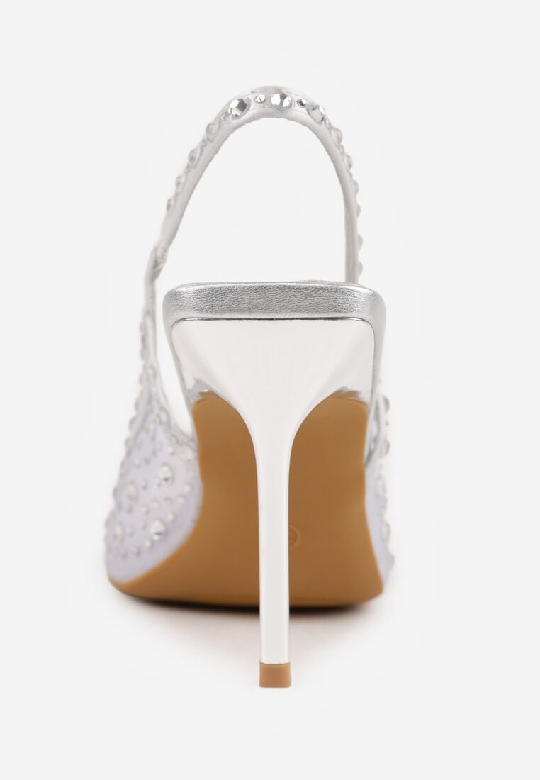 Srebrne Sandały na Szpilce VICES z Transparentną Cholewką i Cyrkoniami Imelle 8