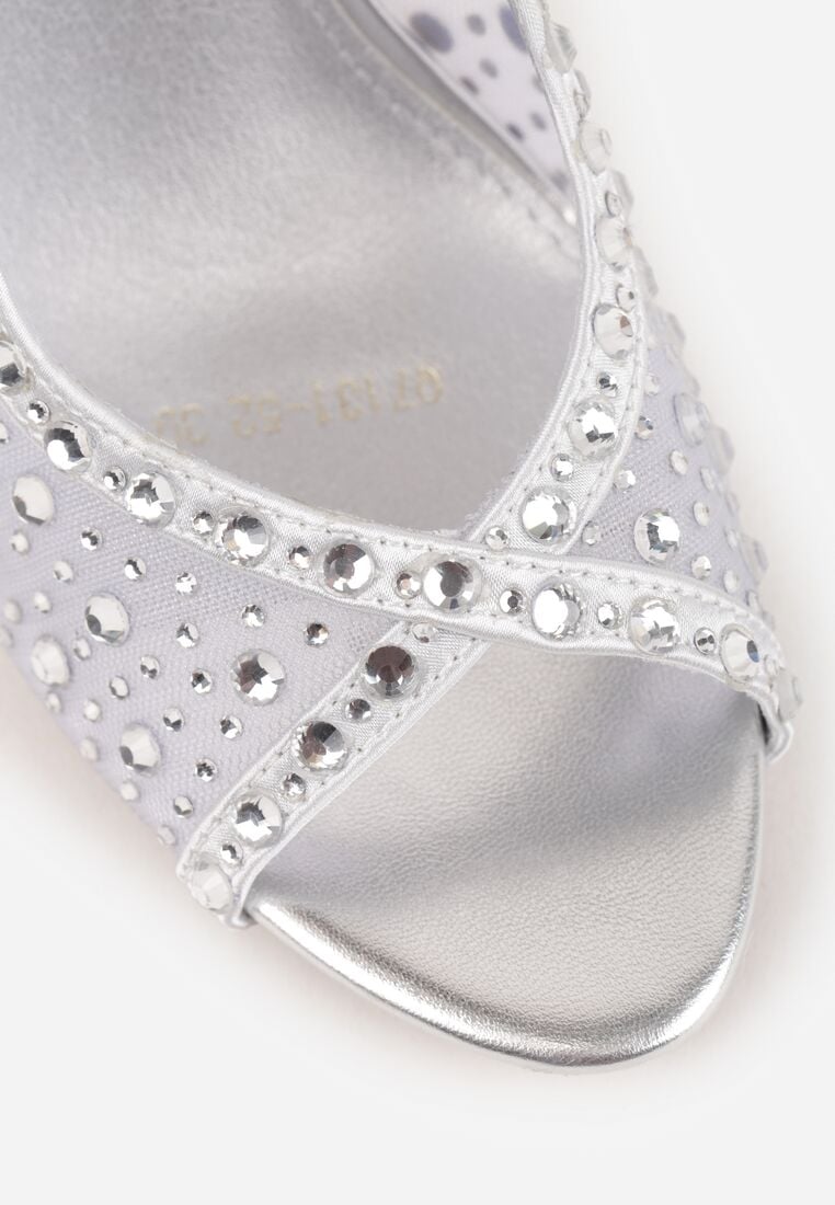 Srebrne Sandały na Szpilce VICES z Transparentną Cholewką i Cyrkoniami Imelle 9