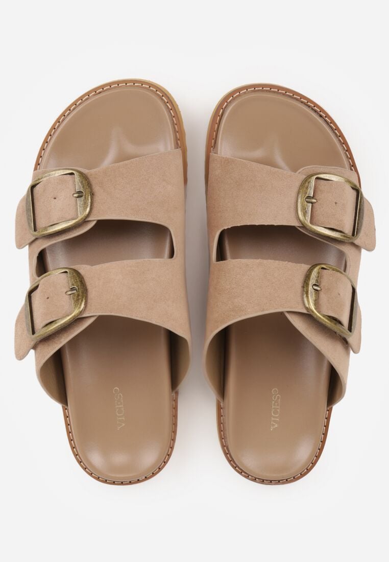 Ciemnobeżowe Klapki VICES z Dwoma Paskami i Metalicznymi Klamrami Kaliniassi 6