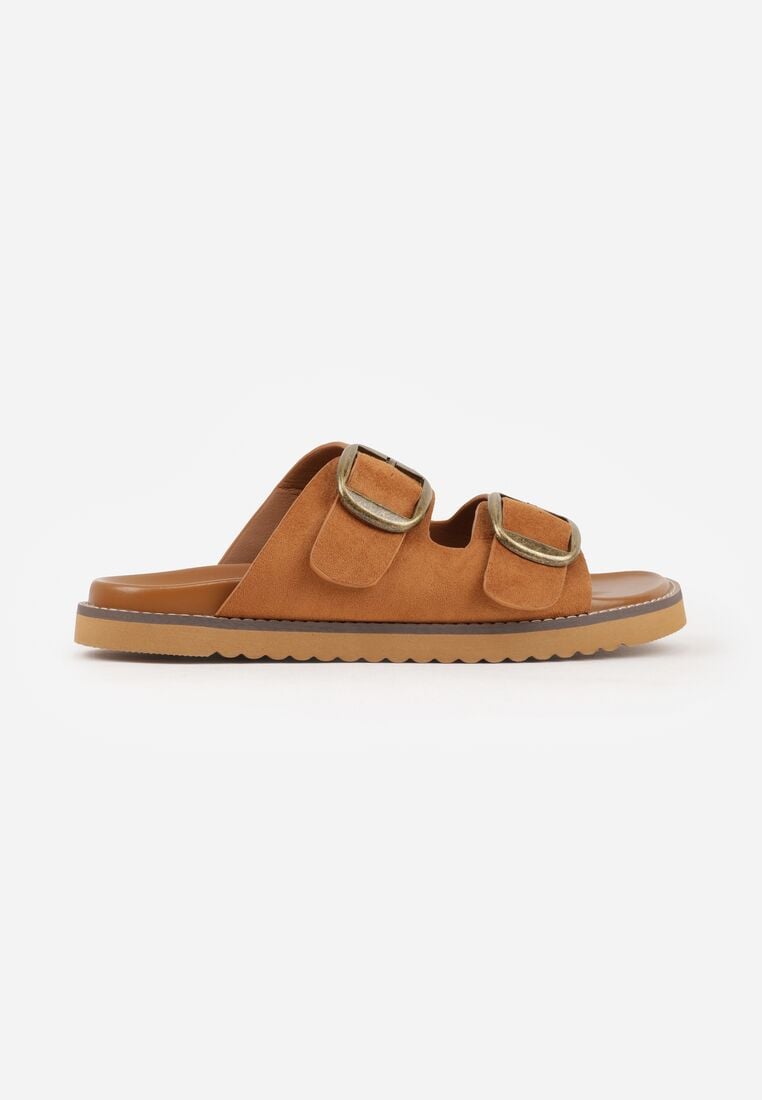 Jasnobrązowe Klapki VICES z Dwoma Paskami i Metalicznymi Klamrami Kaliniassi 4