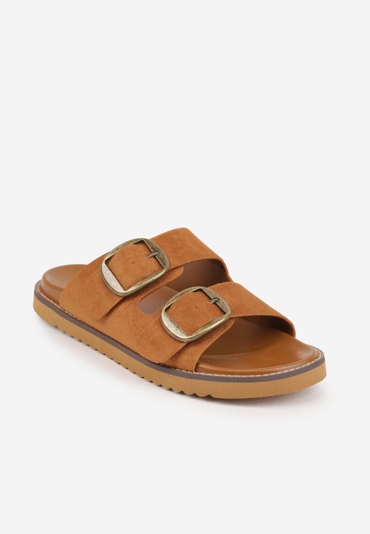 Jasnobrązowe Klapki VICES z Dwoma Paskami i Metalicznymi Klamrami Kaliniassi 5