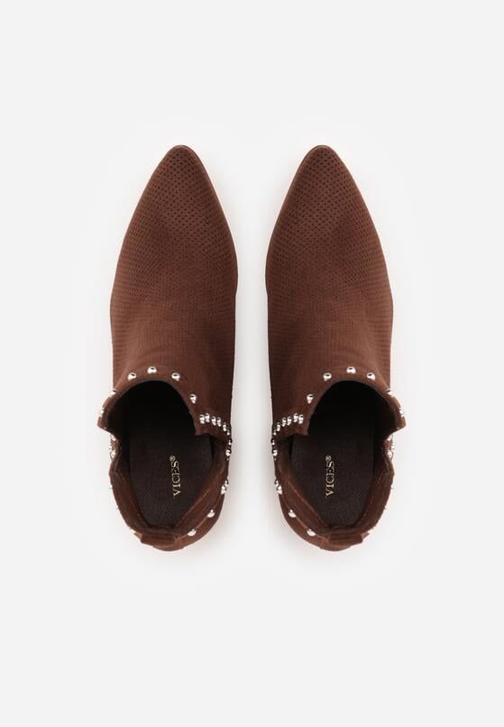 Brązowe Ażurowe Botki Vices na Obcasie Ozdobione Wycięciem i Nitami Lilfedi 6