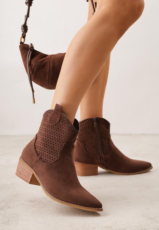 Brązowe Ażurowe Botki Vices w Stylu Kowbojek na Obcasie Norfedi 2