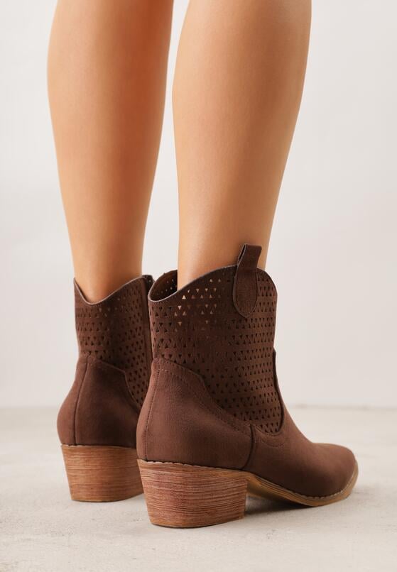 Brązowe Ażurowe Botki Vices w Stylu Kowbojek na Obcasie Norfedi 3