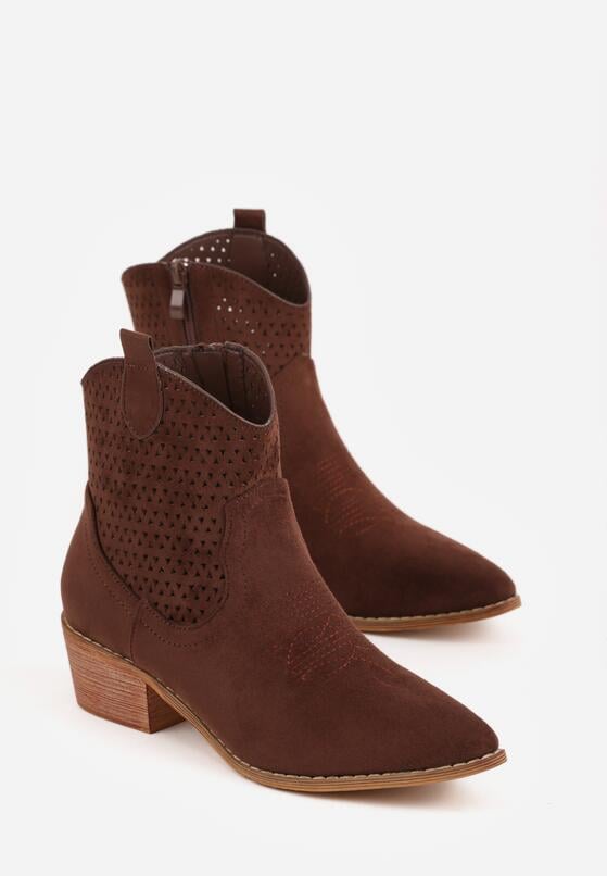 Brązowe Ażurowe Botki Vices w Stylu Kowbojek na Obcasie Norfedi 5
