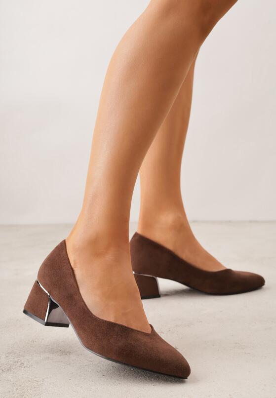 Ciemnobrązowe Czółenka na Obcasie Vices z Imitacji Zamszu ze Skórzaną Wkładką i Metaliczną Wstawką Ziztte 2