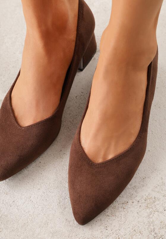 Ciemnobrązowe Czółenka na Obcasie Vices z Imitacji Zamszu ze Skórzaną Wkładką i Metaliczną Wstawką Ziztte 3