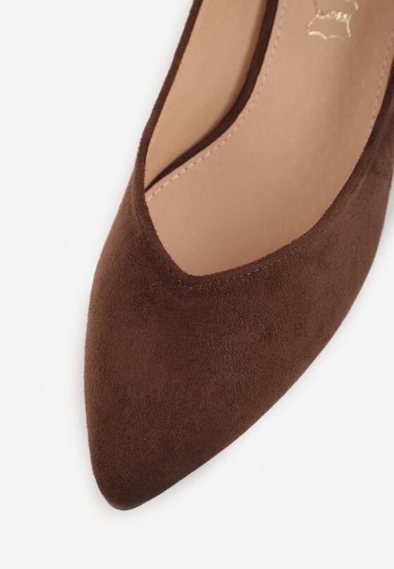 Ciemnobrązowe Czółenka na Obcasie Vices z Imitacji Zamszu ze Skórzaną Wkładką i Metaliczną Wstawką Ziztte 9
