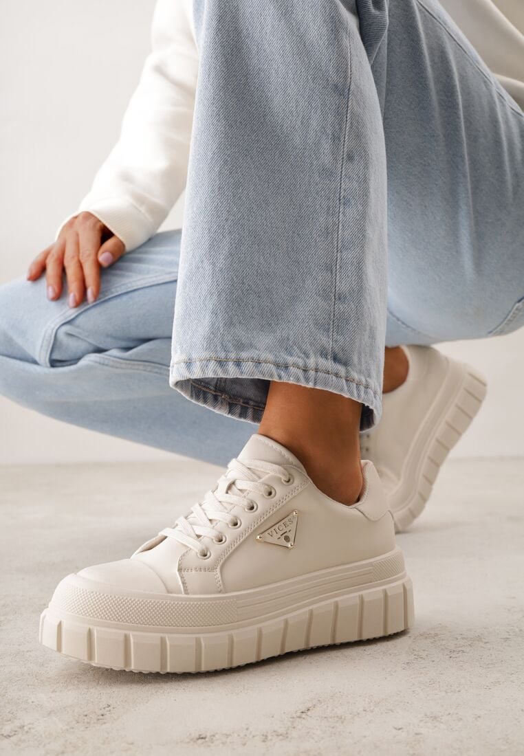 Beżowe Casualowe Sneakersy VICES na Grubej Podeszwie z Tłoczeniami Therelle 2