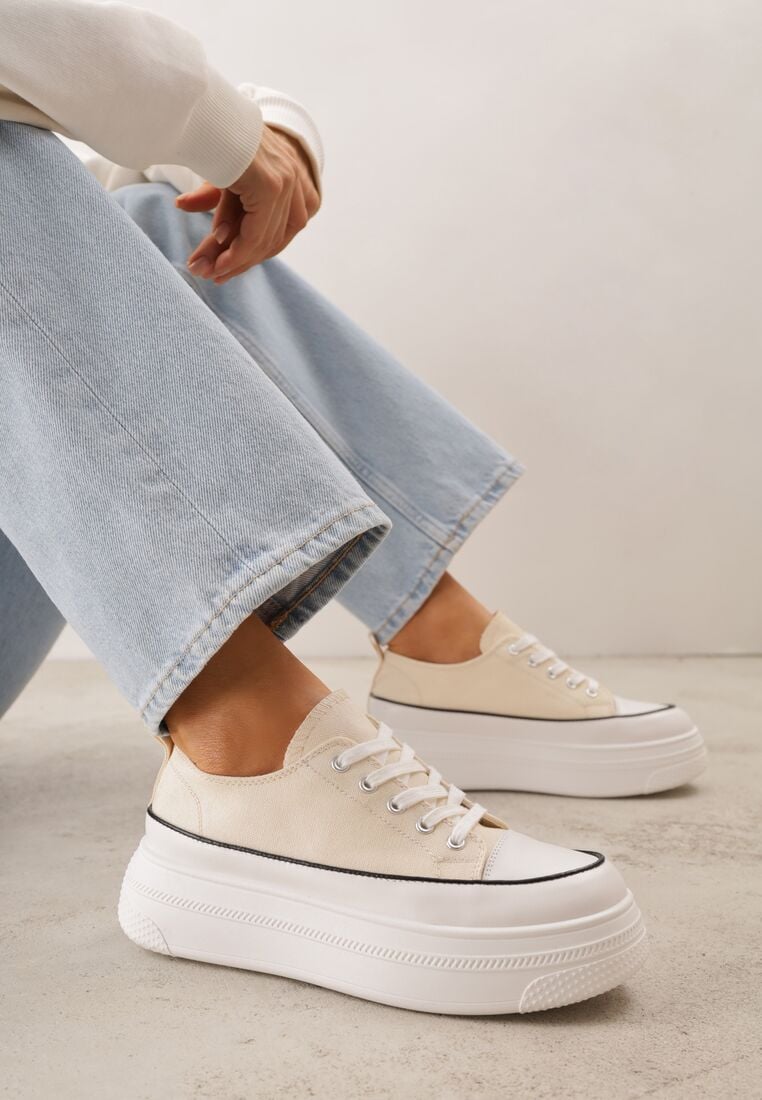 Beżowe Trampki VICES na Grubej Podeszwie Zdobione Lamówką Riosara 2