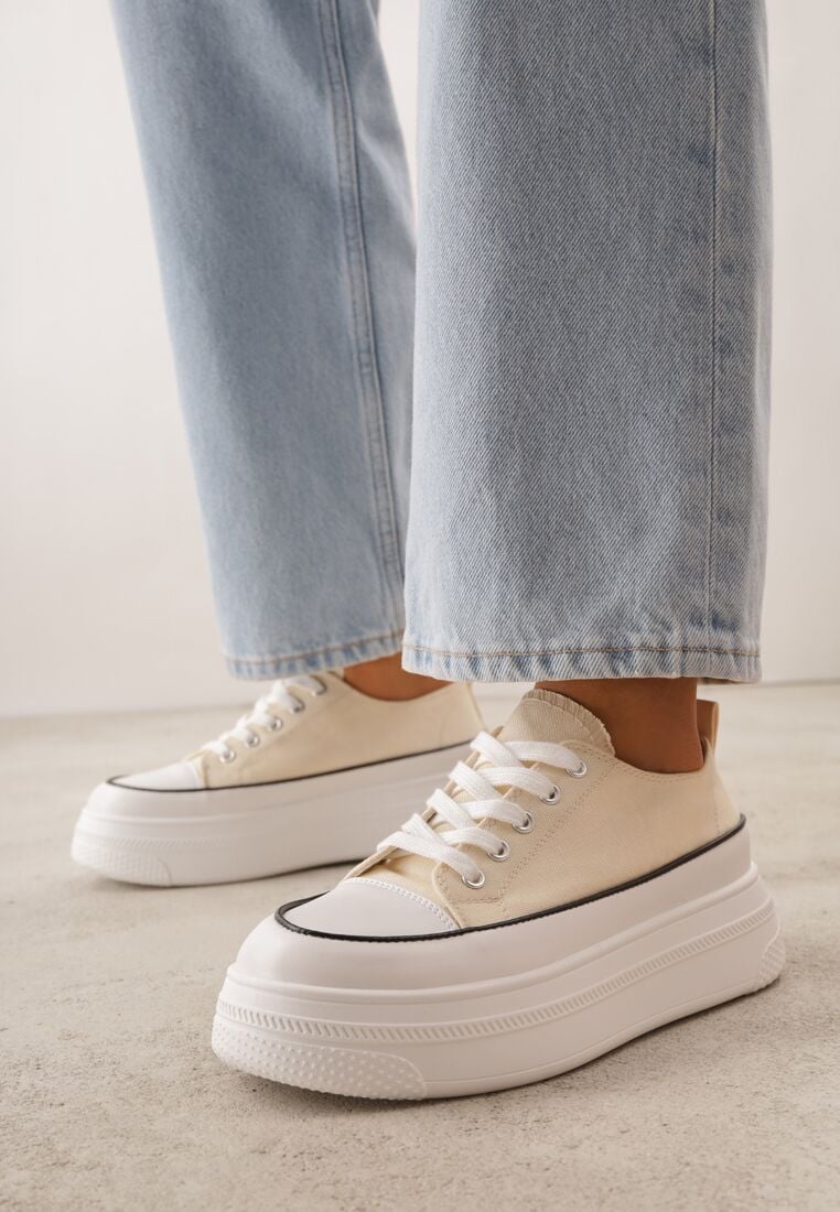 Beżowe Trampki VICES na Grubej Podeszwie Zdobione Lamówką Riosara 1