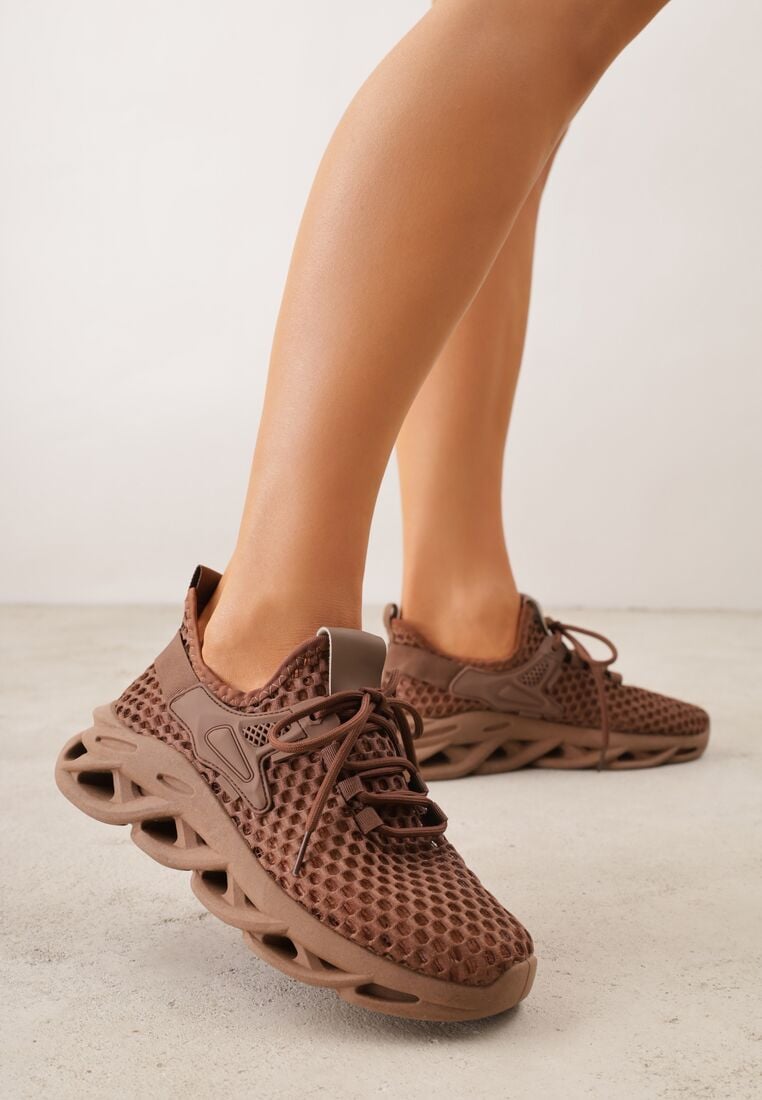 Brązowe Siateczkowe Sneakersy na Grubej Podeszwie z Perforacją Mirarien 2