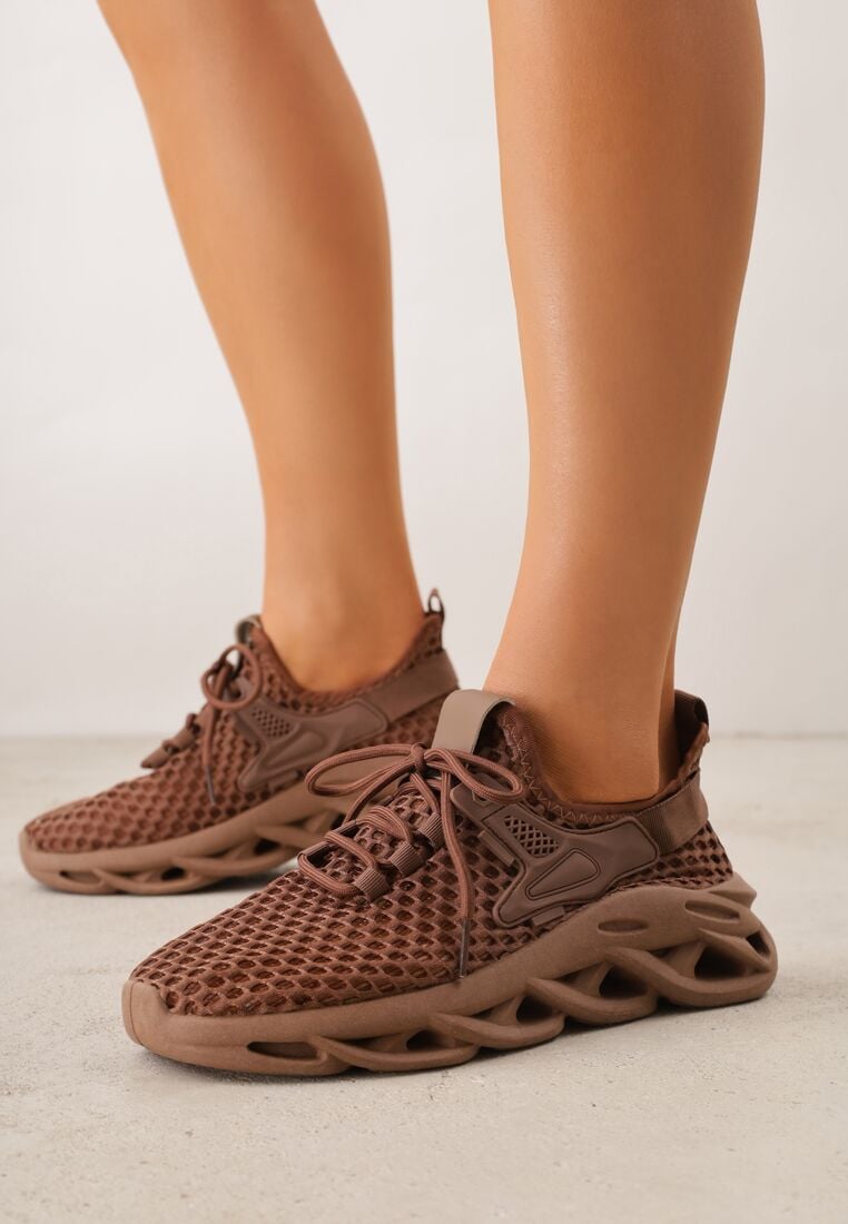 Brązowe Siateczkowe Sneakersy na Grubej Podeszwie z Perforacją Mirarien 1