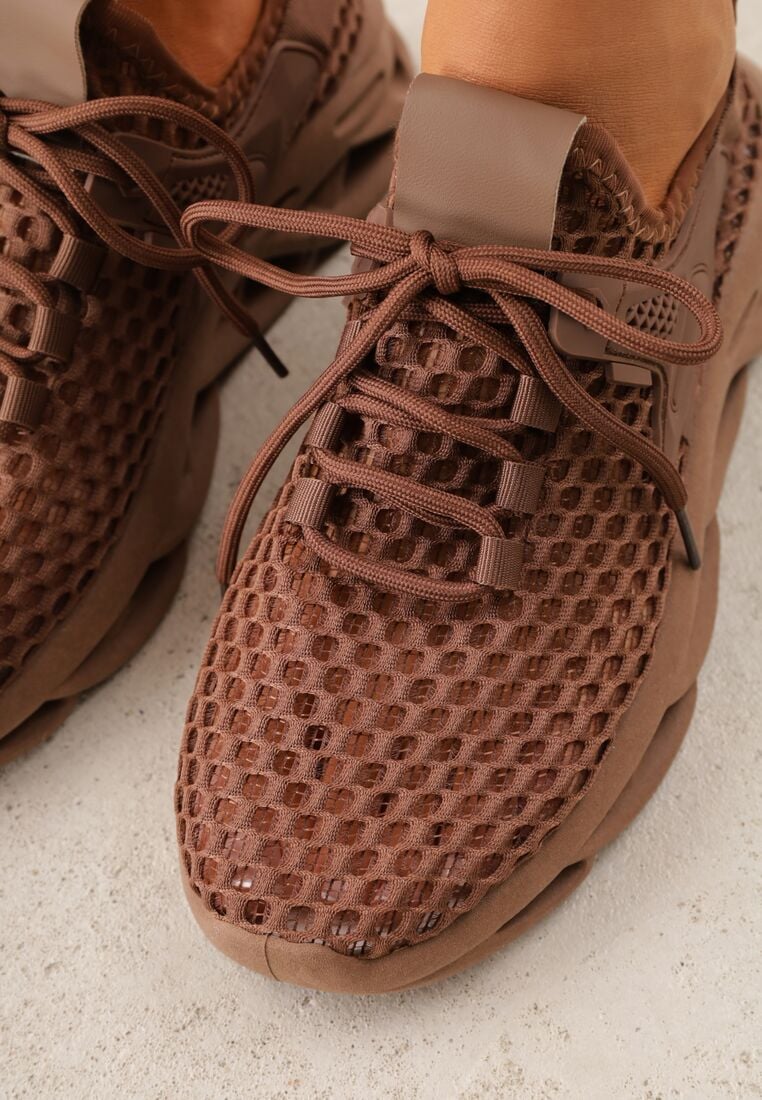 Brązowe Siateczkowe Sneakersy na Grubej Podeszwie z Perforacją Mirarien 3