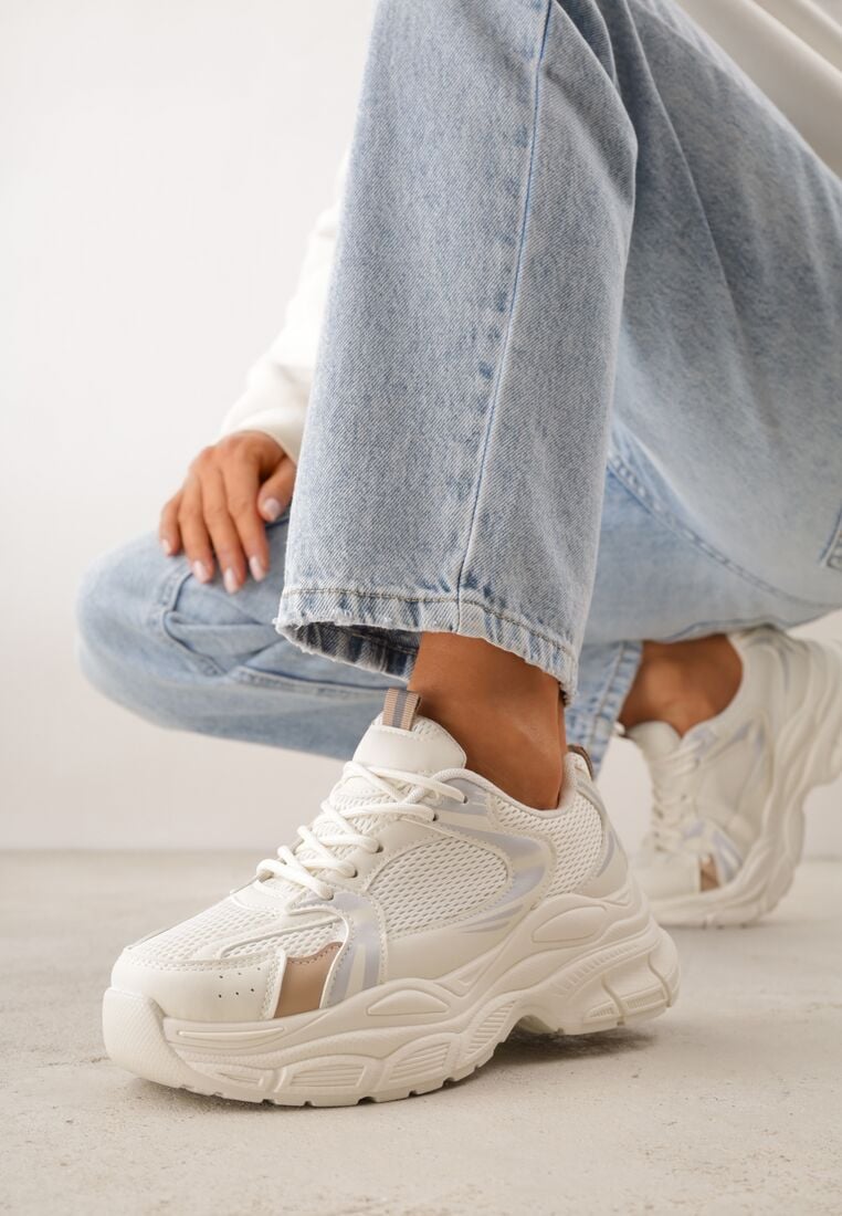 Beżowe Sneakersy VICES na Grubej Tłoczonej Podeszwie z Perforacją Elanatia 2