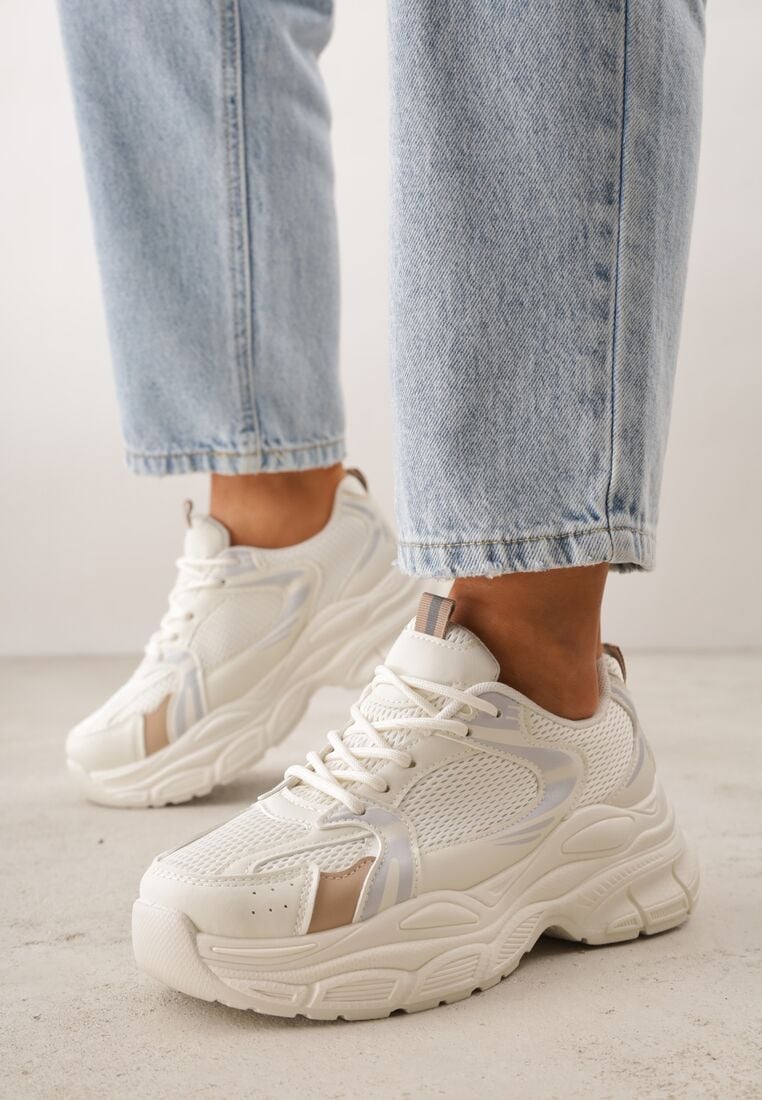 Beżowe Sneakersy VICES na Grubej Tłoczonej Podeszwie z Perforacją Elanatia 3