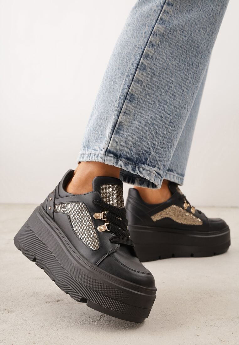 Czarne Sneakersy VICES na Koturnie z Brokatem Elanatale 1