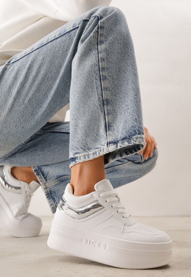 Biało-Srebrne Sneakersy VICES na Grubej Podeszwie z Przeszyciami i Tłoczeniem Berolle 2