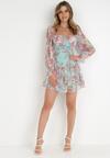 Jasnozielona Sukienka Mini z Bufiastymi Rękawami i Falbankami w Kwiaty Luxitte