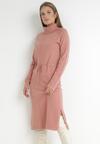 Różowa Sukienka Wełniana i Golfem Wiązana w Talii Metarpia