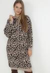 Beżowo-Czarna Sukienka Sweterkowa z Kapturem w Cętki Hinu