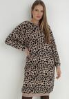 Beżowo-Czarna Sukienka Sweterkowa z Kapturem w Cętki Hinu