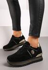 Czarno-Złote Sneakersy ze Skóry Naturalnej na Grubej Podeszwie Neema