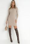 Beżowa Sukienka z Prążkowanej Dzianiny Cayi