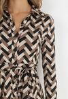 Beżowo-Brązowa Sukienka Koszulowa w Geometryczny Wzór Looroc