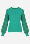 Zielony Sweter z Bufiastym Ażurowym Rękawem Cayemi