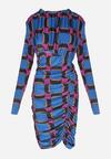 Niebieska Sukienka z Drapowaniem w Geometryczny Wzór Kalma