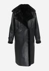 Czarny Długi Płaszcz Oversize z Imitacji Skóry i Futerkiem Celis