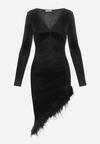 Czarna Sukienka Asymetryczna z Piórami Fizie