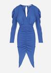 Niebieska Marszczona Sukienka z Kopertowym Dekoltem Midi Rini