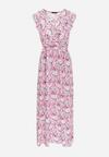 Różowo-Beżowa Sukienka Maxi z Kopertowym Dekoltem i Gumką w Pasie Ulle