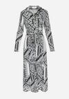 Czarno-Biała Sukienka z Geometrycznym Wzorem i Materiałowym Paskiem Ivanne