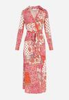 Różowa Kopertowa Sukienka Maxi z Wiązaniem w Pasie Maltore