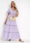 Fioletowa Sukienka Maxi z Gumką w Talii i Koronkowymi Lamówkami Kelbie